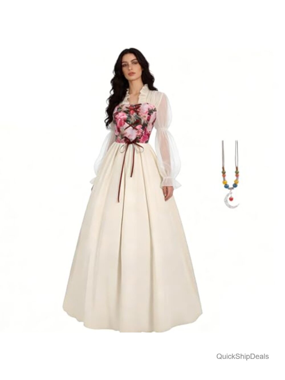 Renaissance Corset Dress Floral Victorian Medieval Costume Gown with Necklace